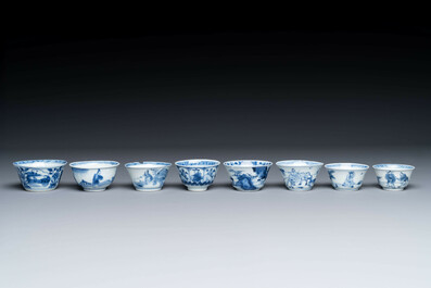 15 Chinese blue and white saucers and 13 cups with figural design, Kangxi/Yongzheng