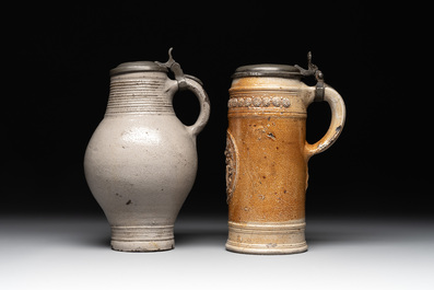 Two stoneware jugs with pewter lids, one with a coat of arms and dated 1636, Germany, 17th C.