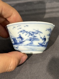 15 Chinese blue and white saucers and 13 cups with figural design, Kangxi/Yongzheng