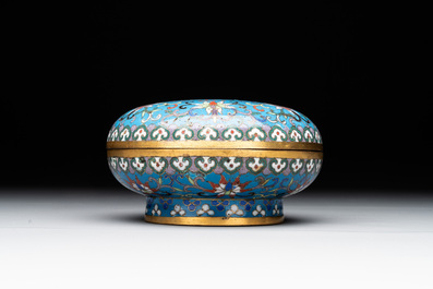 A Chinese enamelled silver incense burner, a covered opium box, a square box and a cloisonn&eacute; covered box, 19/20th C.