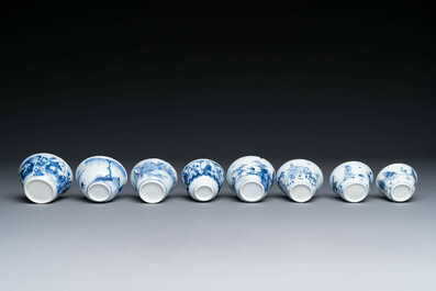 15 Chinese blue and white saucers and 13 cups with figural design, Kangxi/Yongzheng