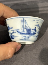 15 Chinese blue and white saucers and 13 cups with figural design, Kangxi/Yongzheng