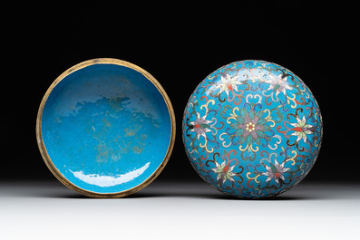 A Chinese enamelled silver incense burner, a covered opium box, a square box and a cloisonn&eacute; covered box, 19/20th C.
