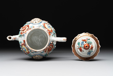 A Chinese famille rose teapot and stand with floral relief design, Qianlong
