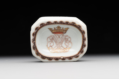 A rare Chinese crown-monogrammed salt and two fine famille rose salts, Qianlong