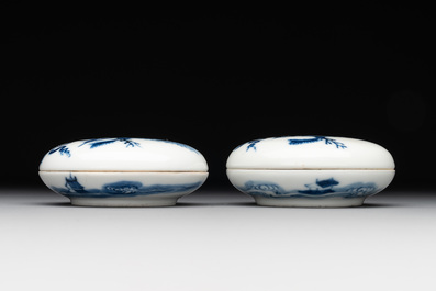 A pair of Chinese blue and white and a pair of blue, white and copper-red seal paste boxes, Kangxi and Qianlong mark, 19th C.
