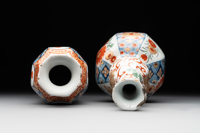 Two polychrome Dutch Delft petit feu vases with floral design, early 18th C.