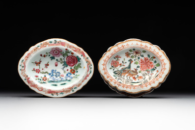 A rare Chinese crown-monogrammed salt and two fine famille rose salts, Qianlong