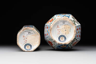 Two polychrome Dutch Delft petit feu vases with floral design, early 18th C.