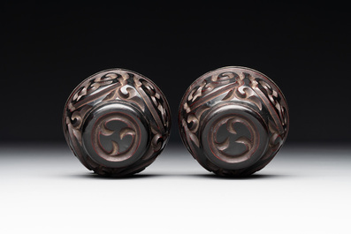 A pair of Chinese silver-lined tixi lacquer cups, Ming