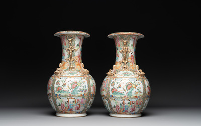 A pair of Chinese Canton famille rose vases with narrative design, 19th C.