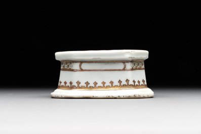 A rare Chinese crown-monogrammed salt and two fine famille rose salts, Qianlong