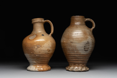 Five German stoneware jugs, 16/17th C.