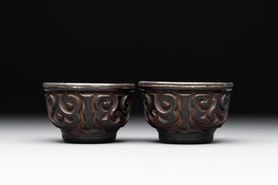 A pair of Chinese silver-lined tixi lacquer cups, Ming
