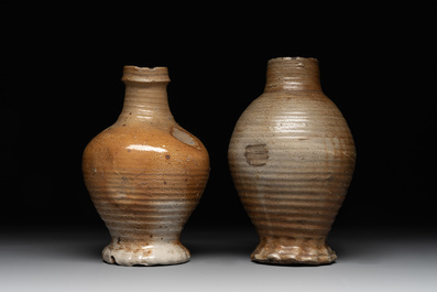 Five German stoneware jugs, 16/17th C.