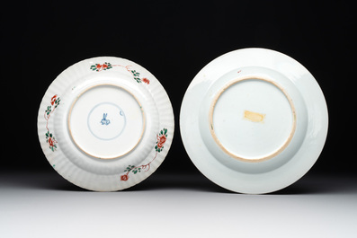 A Chinese famille rose 'Magu' plate, a famille verte plate and two Imari-style plates with floral design, Kangxi/Yongzheng