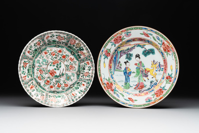 A Chinese famille rose 'Magu' plate, a famille verte plate and two Imari-style plates with floral design, Kangxi/Yongzheng