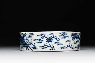 A Chinese blue and white 'dragon and phoenix' brush washer, Yongzheng mark, 19th C.