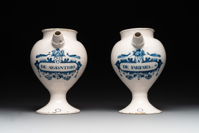 A pair of Dutch Delft blue and white wet drug or syrup jars inscribed 'DE ABSYNTHIO' and 'DE FARFARA', 18th C.