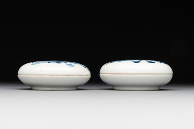 A pair of Chinese blue and white and a pair of blue, white and copper-red seal paste boxes, Kangxi and Qianlong mark, 19th C.