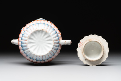 A Chinese famille rose teapot and stand with floral relief design, Qianlong