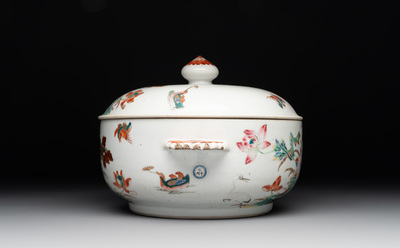 A Chinese famille rose 'heron and lotus' tureen and cover, Qianlong