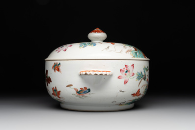 A Chinese famille rose 'heron and lotus' tureen and cover, Qianlong