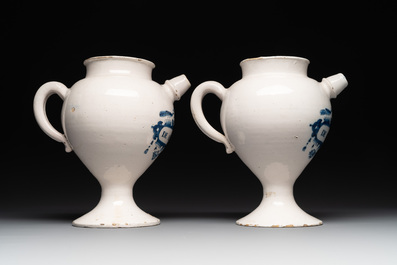 A pair of Dutch Delft blue and white wet drug or syrup jars inscribed 'DE ABSYNTHIO' and 'DE FARFARA', 18th C.