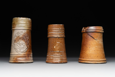 A 18-piece study collection of stoneware mugs, drinking vessels, pottery and stoneware oil lamps, mainly Germany, 15th C. and later
