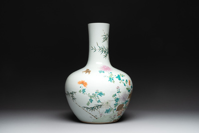 A large Chinese famille rose 'quails and chrysanthemum' 'tianqiu ping' vase, Qianlong mark, 19th C.