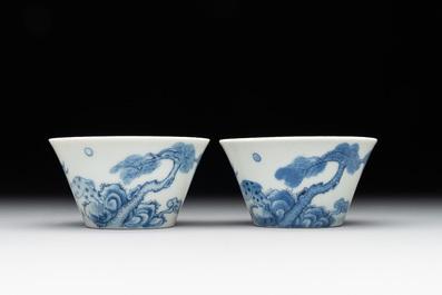 Two Chinese blue and white cups and three saucers with figural design, Kangxi and later