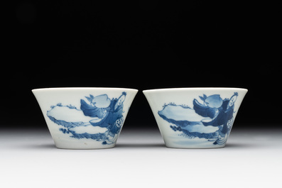 Two Chinese blue and white cups and three saucers with figural design, Kangxi and later