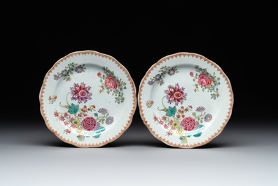 A collection of seven Chinese famille rose plates and dishes with floral design, Qianlong