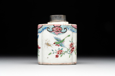 A Chinese famille rose tea caddy, two covered milk jugs and three vases, Yongzheng/Qianlong