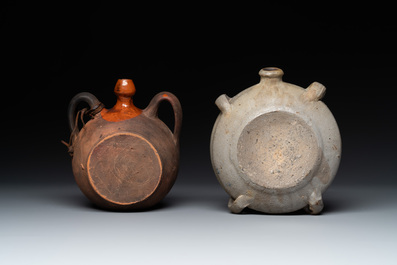 Five stoneware jugs or pilgrim flasks, including a Raeren example with armorial design, 16/17th C. and later