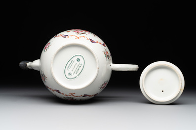 A Chinese famille rose 'Lowestoft' teapot, a plate, three cups and nine saucers, Qianlong