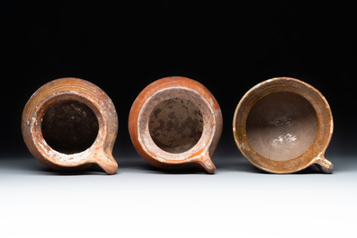 Nine pottery cooking vessels with partial glazing, Low Countries, 14/17th C.