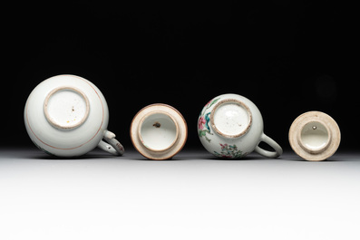 A Chinese famille rose tea caddy, two covered milk jugs and three vases, Yongzheng/Qianlong