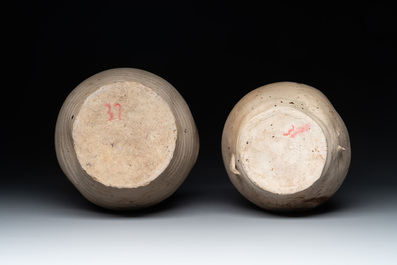 Five stoneware jugs or pilgrim flasks, including a Raeren example with armorial design, 16/17th C. and later