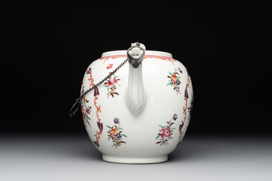 A Chinese famille rose 'Lowestoft' teapot, a plate, three cups and nine saucers, Qianlong