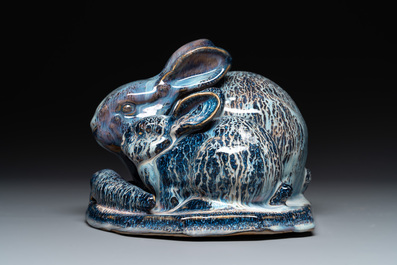A Chinese Shiwan flamb&eacute; group of two rabbits, Cao Wenxuan 曹文選 and Jing De Zhen Zhi 景德鎮制 seal marks, 1st half 20th C.