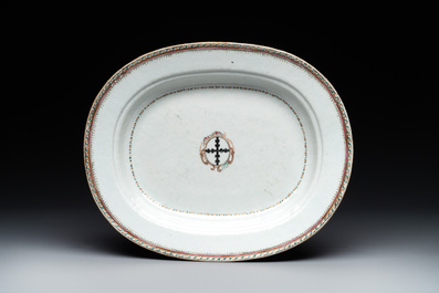A Chinese export famille rose covered tureen and an oval dish with strainer, Jiaqing