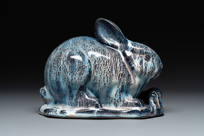 A Chinese Shiwan flamb&eacute; group of two rabbits, Cao Wenxuan 曹文選 and Jing De Zhen Zhi 景德鎮制 seal marks, 1st half 20th C.