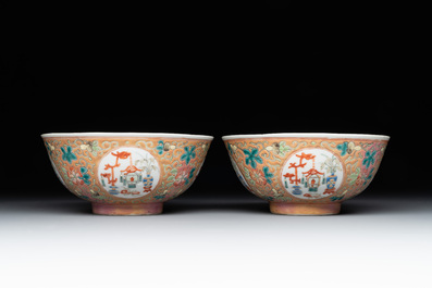 A pair of Chinese famille rose pink-ground 'antiquities' bowls, Zhengde mark, 19th C.