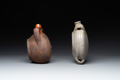 Five stoneware jugs or pilgrim flasks, including a Raeren example with armorial design, 16/17th C. and later