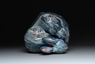 A Chinese Shiwan flamb&eacute; group of two rabbits, Cao Wenxuan 曹文選 and Jing De Zhen Zhi 景德鎮制 seal marks, 1st half 20th C.