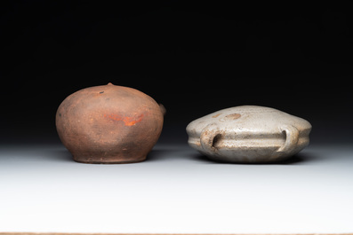 Five stoneware jugs or pilgrim flasks, including a Raeren example with armorial design, 16/17th C. and later