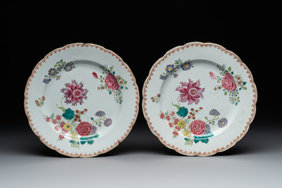 A collection of seven Chinese famille rose plates and dishes with floral design, Qianlong