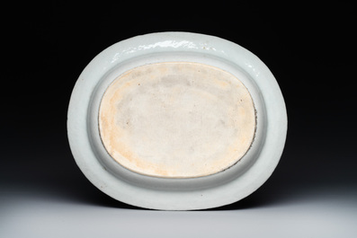 A Chinese export famille rose covered tureen and an oval dish with strainer, Jiaqing