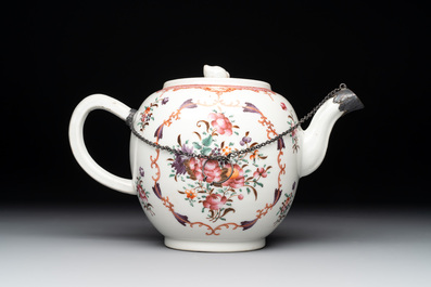 A Chinese famille rose 'Lowestoft' teapot, a plate, three cups and nine saucers, Qianlong